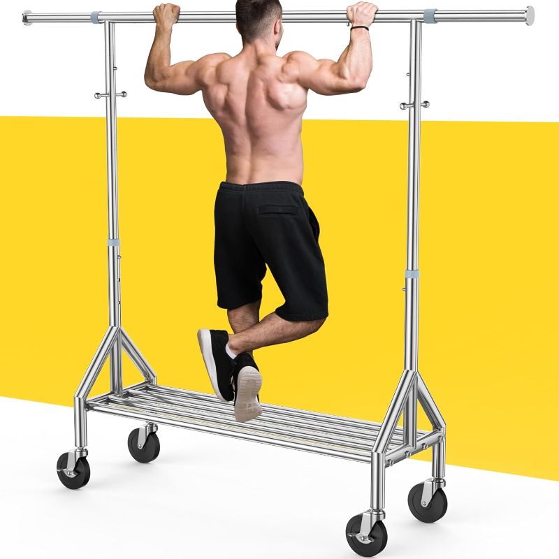 Photo 1 of FYBEE Upgraded 100% Stainless Steel Clothing Rack Load 760LBS, Heavy Duty Clothes Racks with Larger & Sturdy Wheel, Extendable & Adjustable Rolling...
