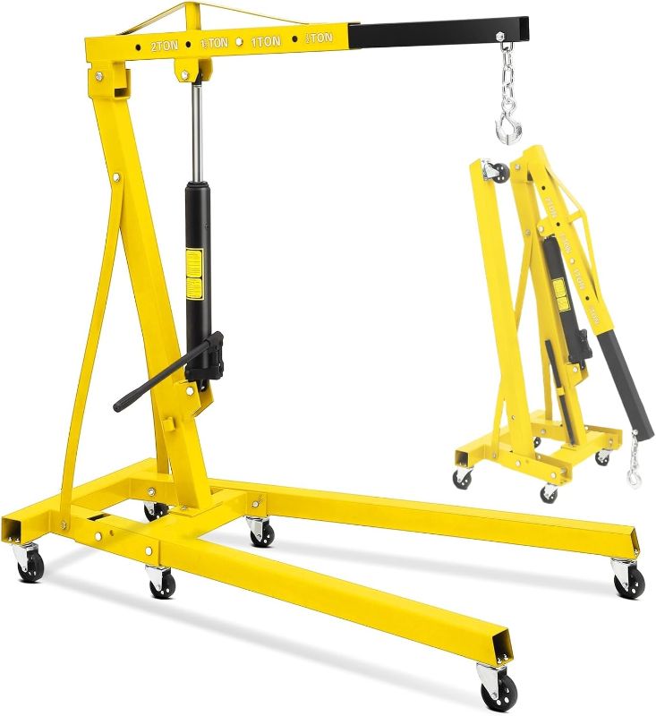 Photo 1 of 2 Ton Hydraulic Engine Hoist - 4400LB Folding Shop Crane with 6 Swivel Casters & Telescoping Boom, Foldable Cherry Picker Lift for Car/Truck Engines, Garage and Workshop Use, Yellow
