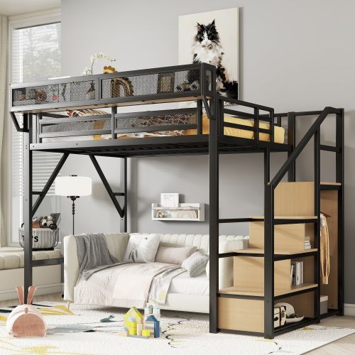 Photo 1 of Full Size Metal Loft Bed with Storage Shelves and Stairs, Ideal for Kids and Teens' Bedrooms
