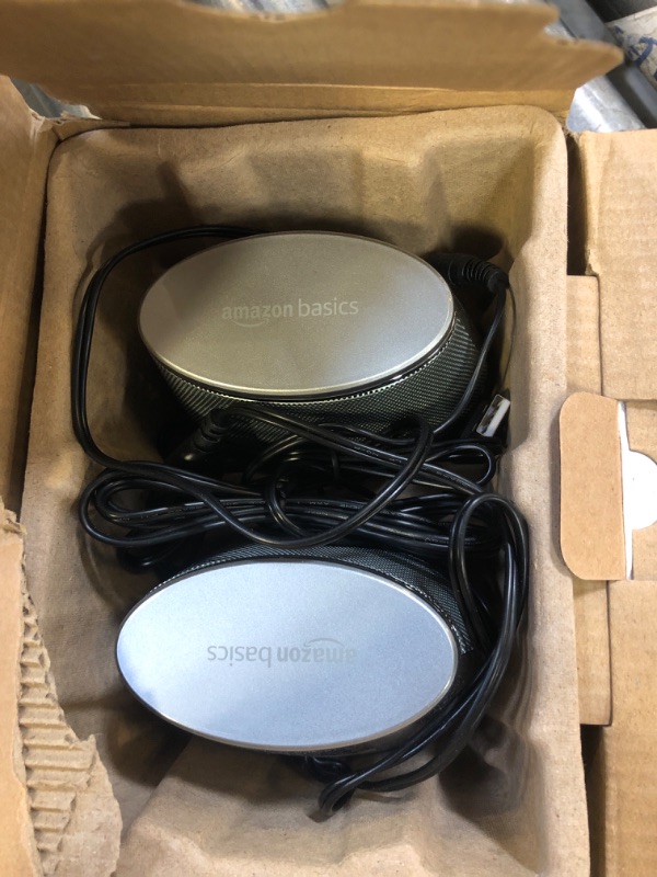 Photo 1 of Amazon Basics Stereo 2.0 Speakers for PC or Laptop with Volume Control, 3.5mm Aux input, USB-Powered, 1 Pair, Silver

