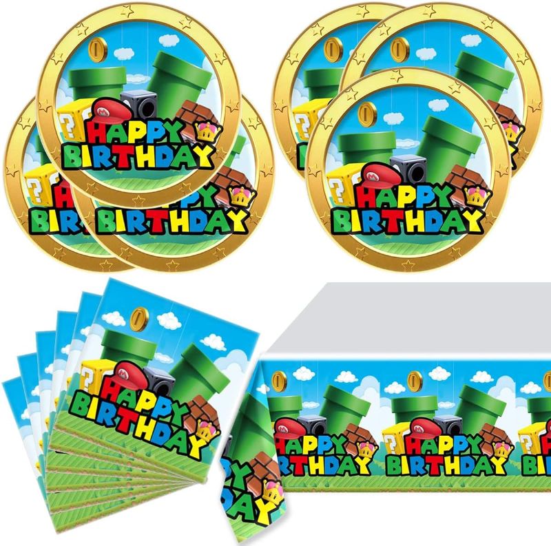 Photo 1 of Super Bros Party Tableware, 20 Plates and 20 Napkins and Tablecloth71 '' x 42 ''Super Bros Birthday Party Decorate Supplies
