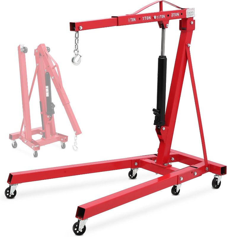 Photo 1 of 2 Ton Folding Engine Hoist – Heavy Duty Hydraulic Shop Crane with Lever & 6 Casters, 4400Lb Capacity – Portable Cherry Picker for Garage, Warehouse & Workshops