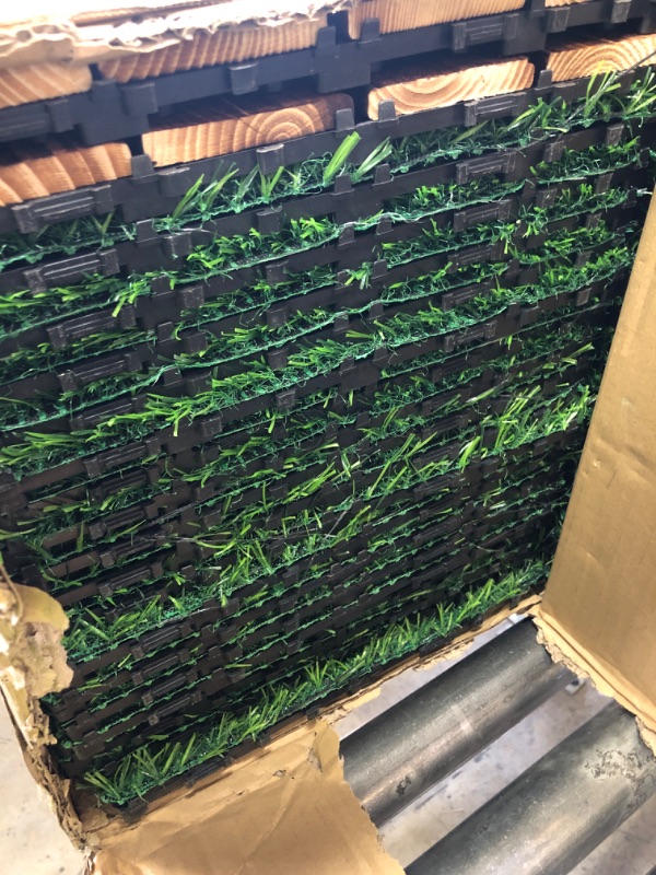 Photo 1 of Menkxi 72 Pcs Hardwood Interlocking Patio Deck Tile and Artificial Grass 12 x 12 In Waterproof Wood Flooring Interlocking Turf Outdoor Self Draining Tile for Balcony Garden Patio Lawn