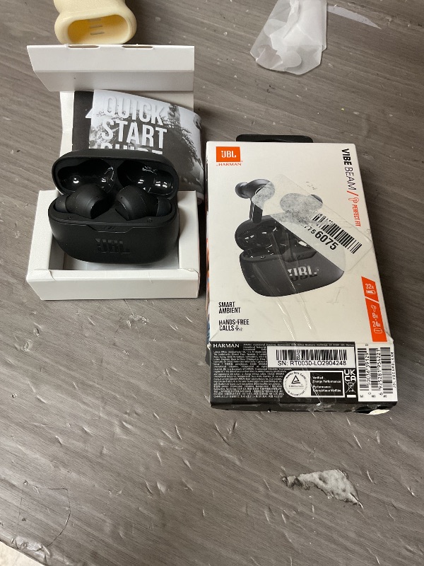 Photo 1 of JBL Vibe Beam - True Wireless JBL Deep Bass Sound Earbuds, Bluetooth 5.2, Water & Dust Resistant, Hands-free call with VoiceAware, Up to 32 hours of battery life (Black)
