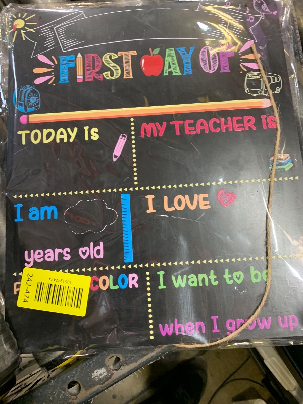 Photo 1 of First Last Day of School Board Chalkboard Signs, 12" X 10" Double Sided Back to School Board Supplies for Kids Boys Girls 1st Day of Kindergarten Preschool 1st Grade Decorations Photo Props