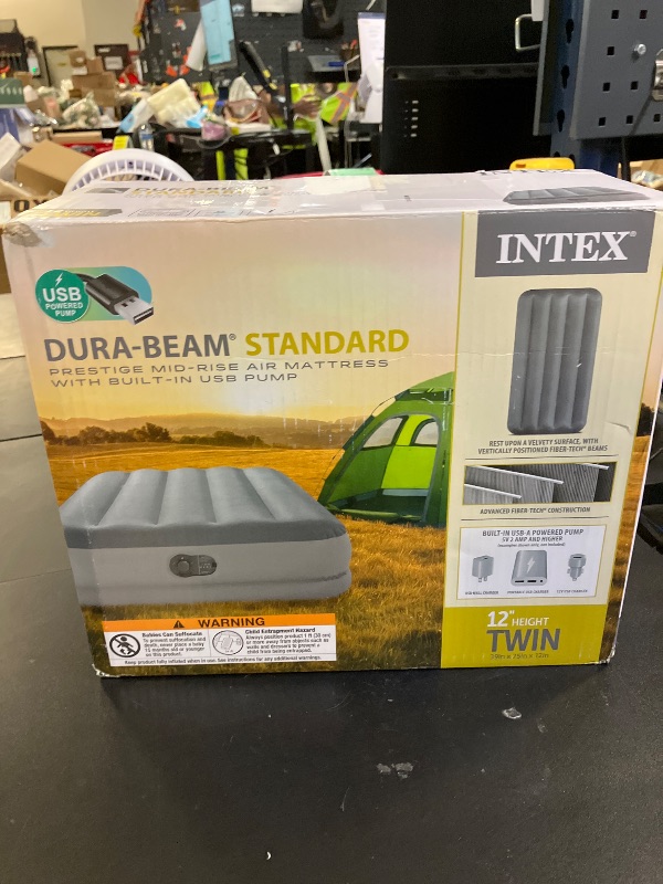 Photo 1 of Intex 64112E Dura-Beam Standard Prestige Air Mattress: Fiber-Tech – Twin Size – Built-in USB Electric Pump – 12in Bed Height – 300lb Weight Capacity