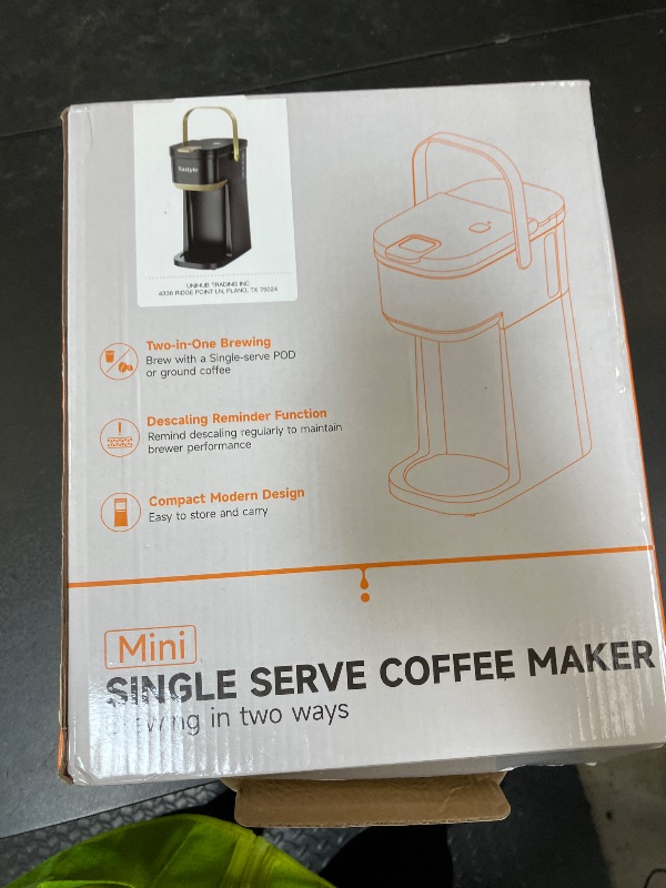 Photo 1 of Tastyle Single Serve One Cup Coffee Maker, for K Cups and Grounds, Mini Coffee Maker with Portable Handle, 6 to 12 Oz Brew Size, for Travel, Camping, Office, RV and Dorm, 120V, Black and Gold