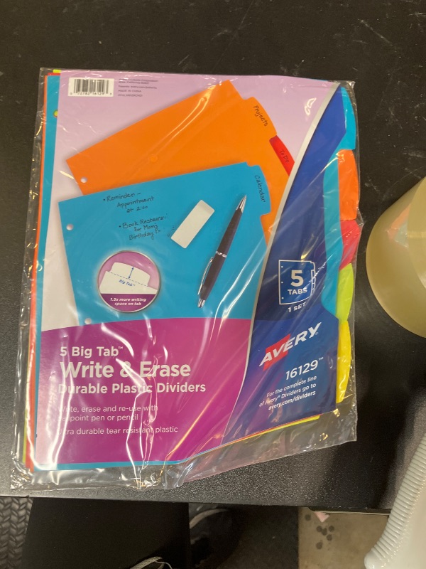 Photo 1 of Avery Big Tab Write & Erase Durable Plastic Dividers for 3 Ring Binders, 5-Tab Set, Bright Multicolor, 1 Set (16129)