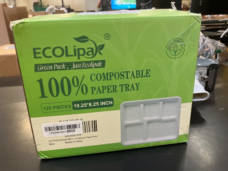 Photo 1 of ECOLipak 100% Compostable 5 Compartment Plates, 125 Pack Disposable Paper Plates, Heavy-Duty Biodegradable Sugarcane Plates, Eco-Friendly School Lunch Trays
