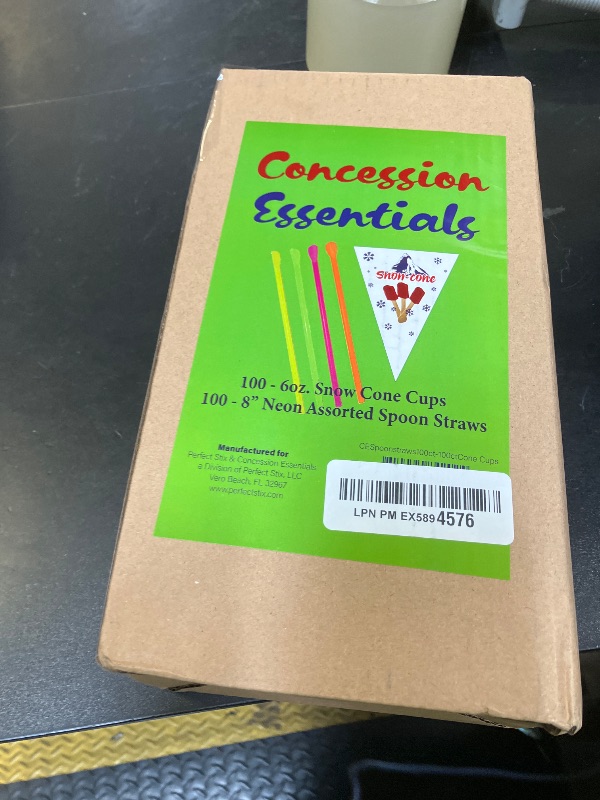 Photo 1 of Concession Essentials 100 Count 6oz Snow Cone Cups with 100 8" Neon Spoon Straws, Pack of 200ct (100 cups/100 straws)