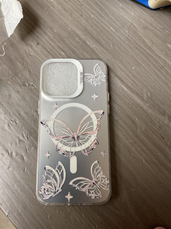 Photo 1 of Aitipy Magnetic for iPhone 15 Pro Max Case, Cute Sliver Butterfly Pattern [Compatible with MagSafe], Aesthetic Trendy Slim Shockproof Protective Phone Cover for Women Girls