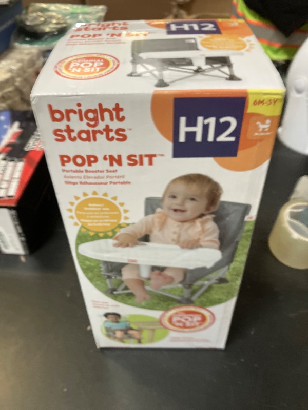 Photo 1 of Bright Starts Pop 'N Sit Portable Booster, Indoor/Outdoor Use, Floor Seat with Feeding Tray, Grey, 6 Mos - 3 Yrs