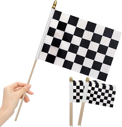 Photo 1 of 12Pcs 8×12 Inch Small Checkered Flags Black and White Racing Flags on Wood Stick Mini Race Car Handheld Flag Decorations