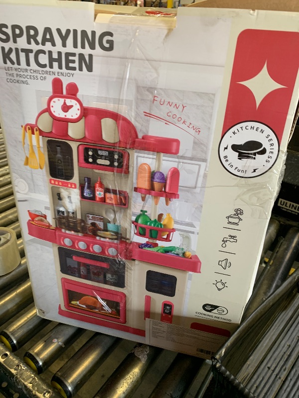 Photo 1 of AIQI 47PCS Kids Kitchen Playset with Sound & Light, Cooking Stove with Steam, Play Sink and Toy Kitchen Accessories - Pretend Kitchen Play Food Toys for Boys and Girls, Toddler Kitchen Set (Red)