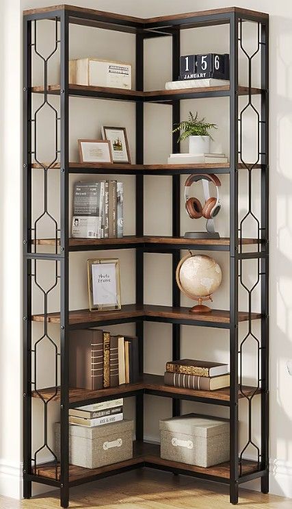 Photo 1 of Tribesigns Bookcase Rustic Brown Black Metal 7 -Shelf Corner Bookcase ( 23.6-in W x 78.7-in H x 9.5-in D ) Painted
