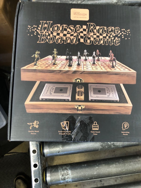 Photo 1 of Large 23 inches Horse Racing Board Game with 11 Luxury Metal Horses, Foldable Wood Horse Race Board Game with 2 Sets of Dice, 2 Boxes of Cards for Parties and Gambling