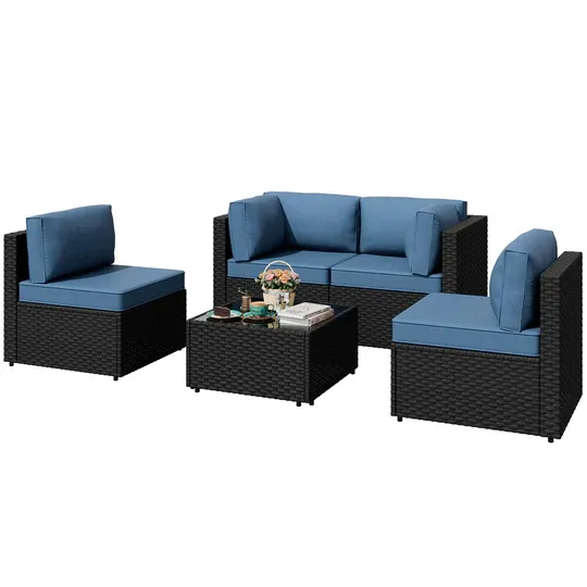 Photo 1 of Patio Furniture 5 Pieces Outdoor Sectional Sofa, Black Wicker