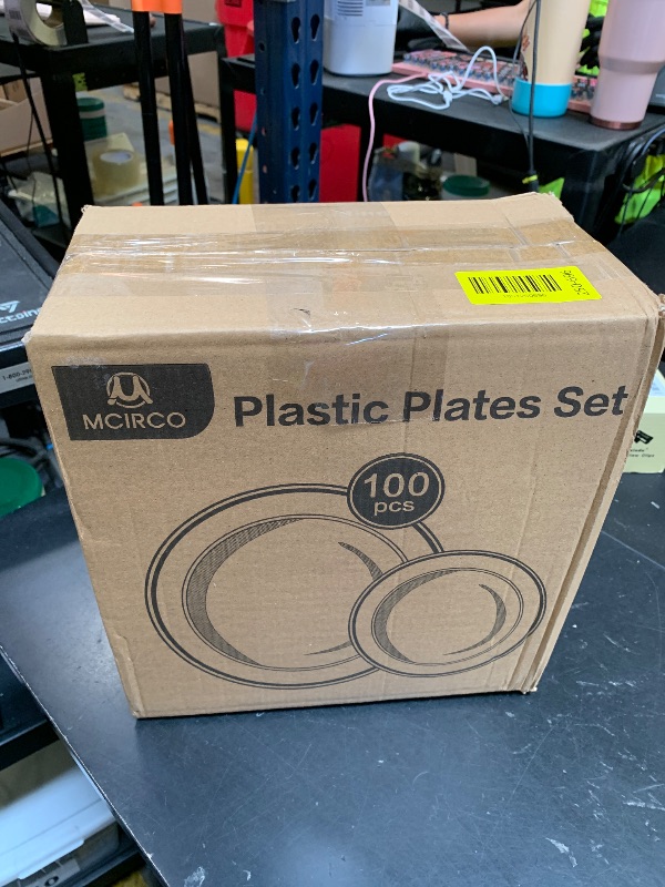 Photo 1 of Gold Plastic Plates, MCIRCO 100 Pieces Disposable Party Plates for Weddings, Premium Gold Rim Plates, Include 50 10.25 Inch Dinner Plates and 50 7.5 Inch Dessert Appetizer Plates