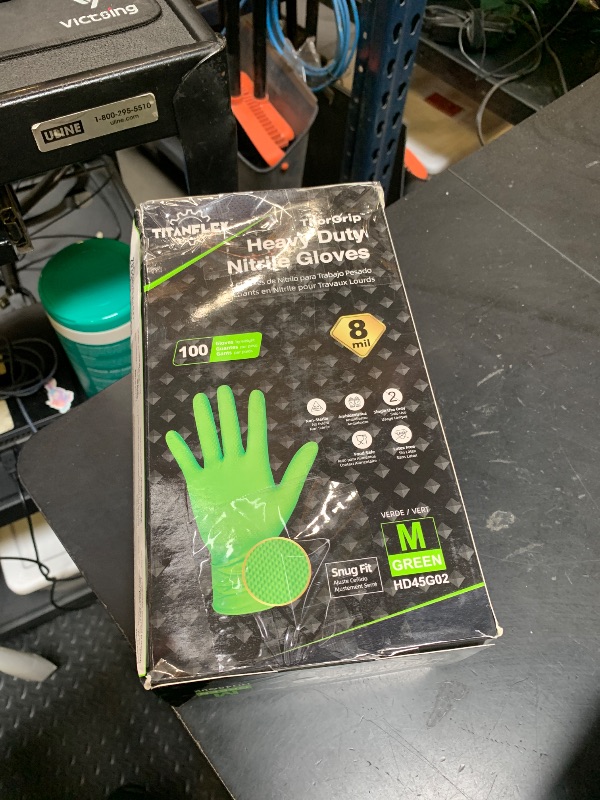 Photo 1 of TitanFlex Heavy Duty Green Industrial Nitrile Gloves, 8-mil, Medium, Box of 100, Latex Free, Raised Diamond Texture Grip, Powder Free, Food Safe, Rubber Gloves, Mechanic Gloves