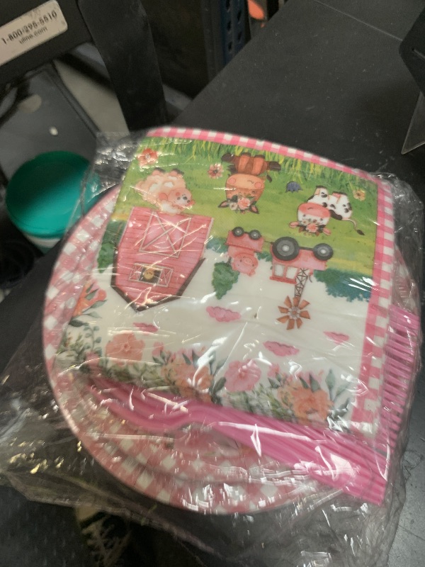 Photo 1 of 96PCS Farm Animals Party Supplies Tableware Set Farm Birthday Party Barn Animal Theme Party Cute Pink Animal Baby Shower Dessert Plate Dinner Plate Paper Napkins Forks Dinnerware for 24 Guests