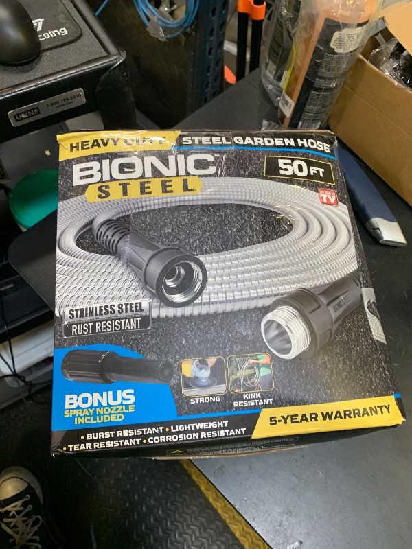 Photo 1 of BIONIC STEEL 50 Ft Metal Garden Hose with Sprayer Nozzle, Non Kinking Designed Stainless Steel Heavy Duty Water Hose 50Ft x 5/8 in. Ultra Flexible NON Expandable for Uninterrupted Water Flow, 500 PSI