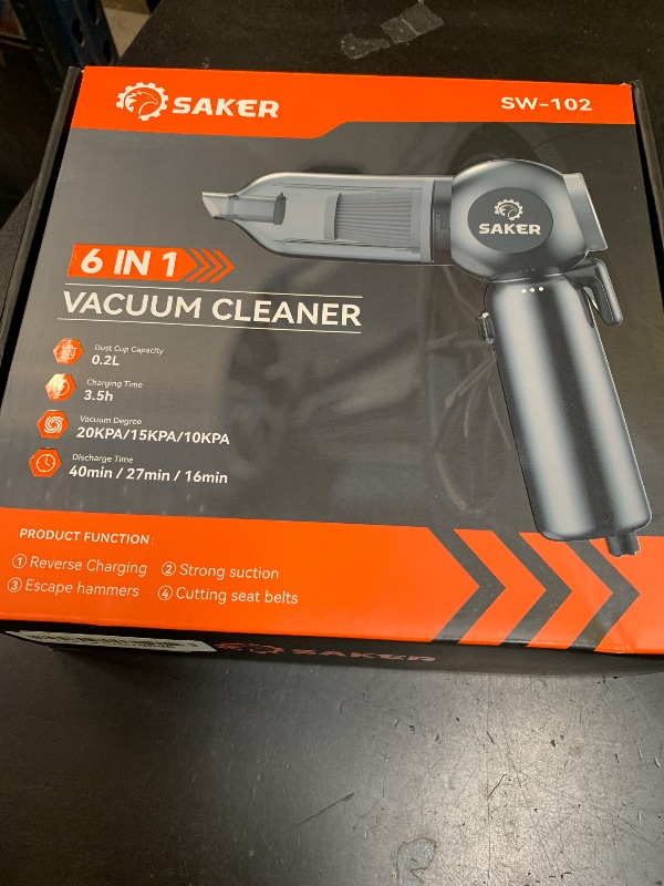 Photo 1 of Saker Portable Car Vacuum Cordless 20000Pa 6 in 1 Multifunctional Adjustable Small Handheld Vacuum 7800mAH with Brushless Motor, for Car Home and Office SW-102