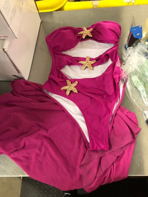 Photo 1 of Pink Strapless Bathing Suit Gold Starfish Details One Piece with Mesh Wrap Skirt Size Medium