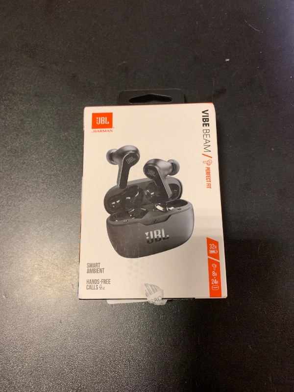 Photo 1 of JBL Vibe Beam - True Wireless JBL Deep Bass Sound Earbuds, Bluetooth 5.2, Water & Dust Resistant, Hands-free call with VoiceAware, Up to 32 hours of battery life (Black)