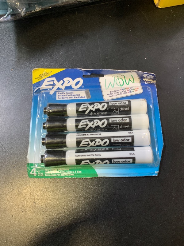 Photo 1 of EXPO Dry Erase Markers, Low Odor Ink, Black, Chisel Tip, 4 Count - Easily Erases, Vibrant Ink, Ideal for Classroom, Back to School Supplies, Teachers, Office, Whiteboard & Home