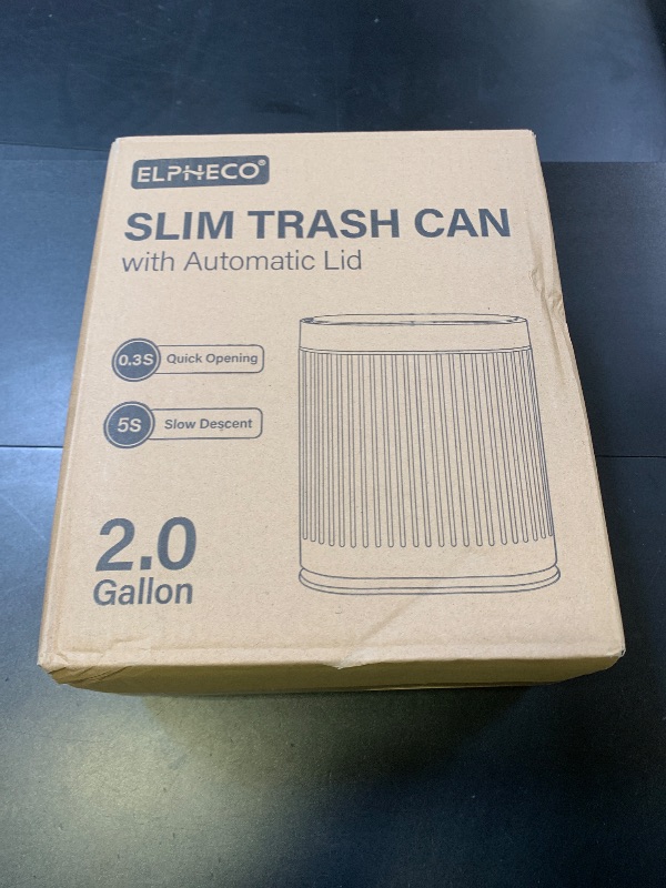Photo 1 of ELPHECO Bathroom Trash Can with Lid 2 Gallon Motion Sensor Garbage Can 7.5 Liter Small Trash can Touchless Bathroom Decor Waterproof Smart Waste Bin with Stripes for Bedroom, Office (White-Golden)