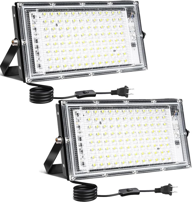 Photo 1 of 100W LED Outdoor Flood Light, 2 Pack 8000LM Plug in Flood Light Outdoor, IP66 Waterproof Exterior Security Lights, 6500K Daylight White Super Bright Floodlight for Garage, Yard, Lawn, Garden