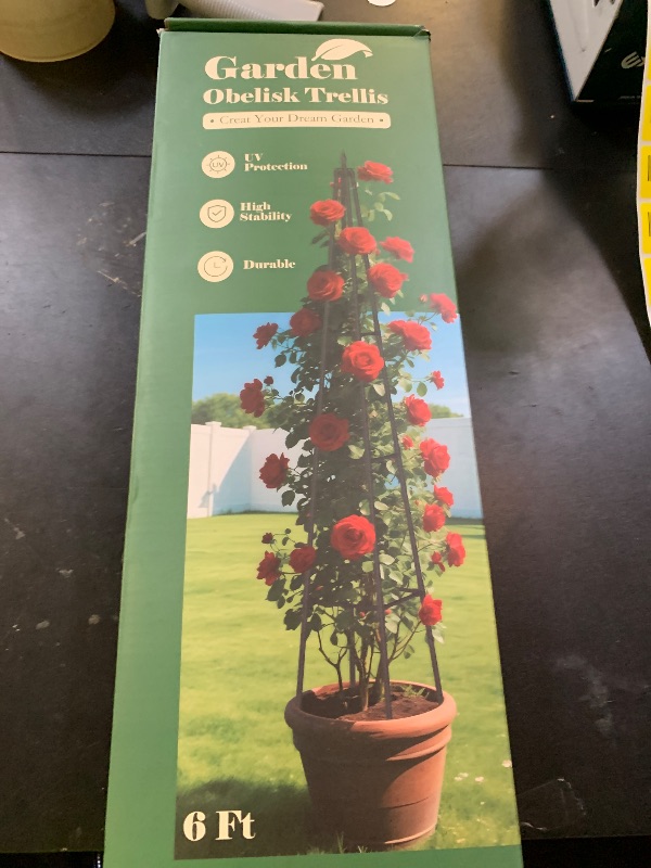 Photo 1 of Hsundries 6FT Obelisk Trellis for Climbing Plants Outdoor, 16mm Rust-Proof Extra Thickened Plastic-Coated Metal Pipes, Indoor Climbing Support for Potted Plants, Vines, Flowers Stands,Black
