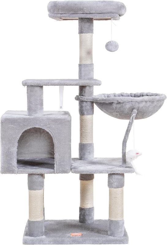 Photo 1 of Heybly Cat Tree with Toy, Cat Tower Condo for Indoor Cats, Cat House with Padded Plush Perch, Cozy Hammock and Sisal Scratching Posts, Light Gray HCT004W