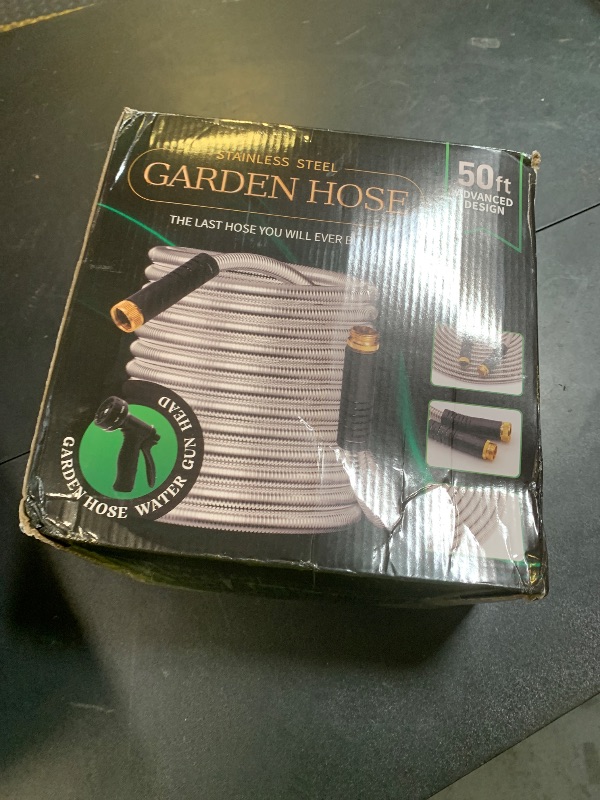 Photo 1 of Garden Hose 50 FT, Metal Stainless Steel Water Hose with 10 Function Nozzles, No Kinks, Flexible Hose, Lightweight, Puncture Proof, Heavy Duty Hose for Yard and Outdoor
