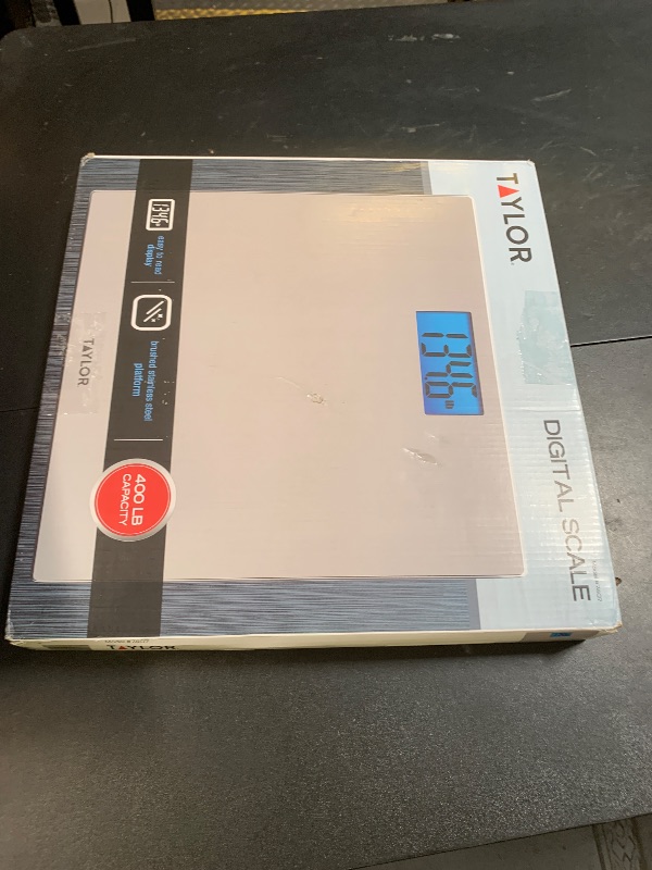 Photo 1 of Taylor Digital Scales for Body Weight, High 400 LB Capacity, Brushed Stainless Steel Thin Glass Platform, Unique Blue LCD, Durable Platform, 11.8 x 11.8 Inches, Stainless Steel