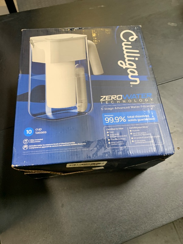 Photo 1 of Culligan with ZeroWater Technology 10-Cup Water Filter Pitcher – Includes 5-Stage Advanced Water Filter, IAPMO Certified to Reduce Lead, Total PFAS (Forever Chemicals), Mercury, Fluoride, and Chlorine