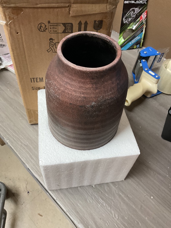 Photo 1 of Briful Tall Rustic Ceramic Vase 9.6” – Vintage Distressed Pottery Flower Vase with Antique White-Wash Finish – Farmhouse Table Decor & Shelf Accent (Not Waterproof), Brown