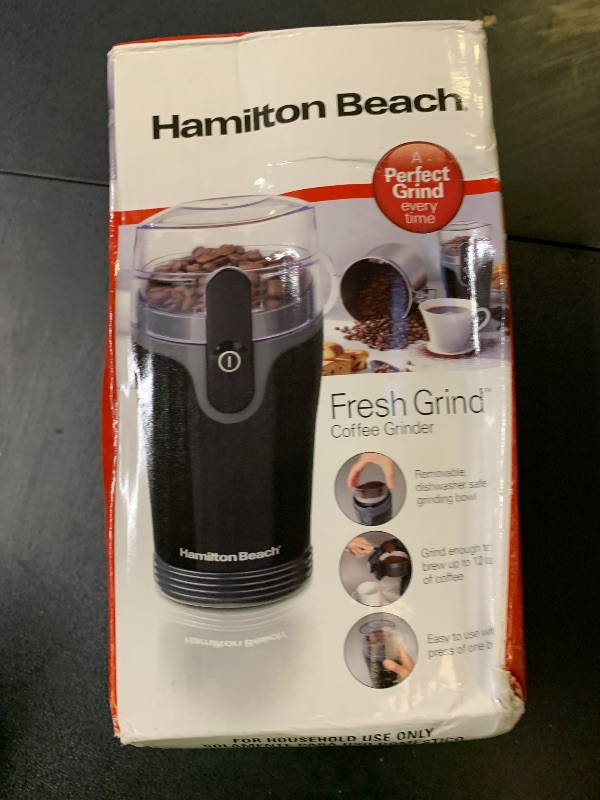 Photo 1 of Hamilton Beach Fresh Grind Electric Coffee Grinder for Beans, Spices and More, Stainless Steel Blades, Removable Chamber, Makes up to 12 Cups, Black