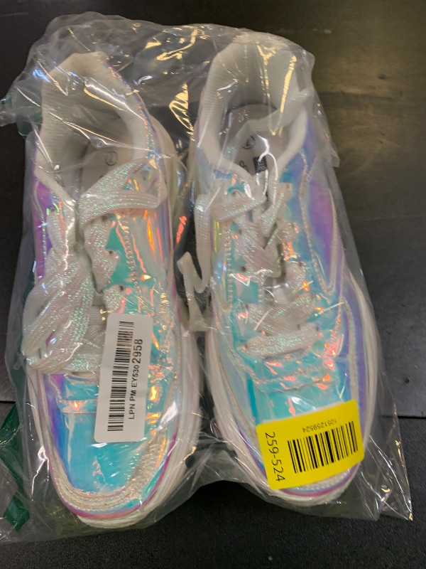 Photo 1 of LUCKY STEP Women 90S Chunky Platform Reflective Sneakers - White Hologram Casual Lace-Up Walking Dad Sneakers(White Hologram,7 B(M) US)