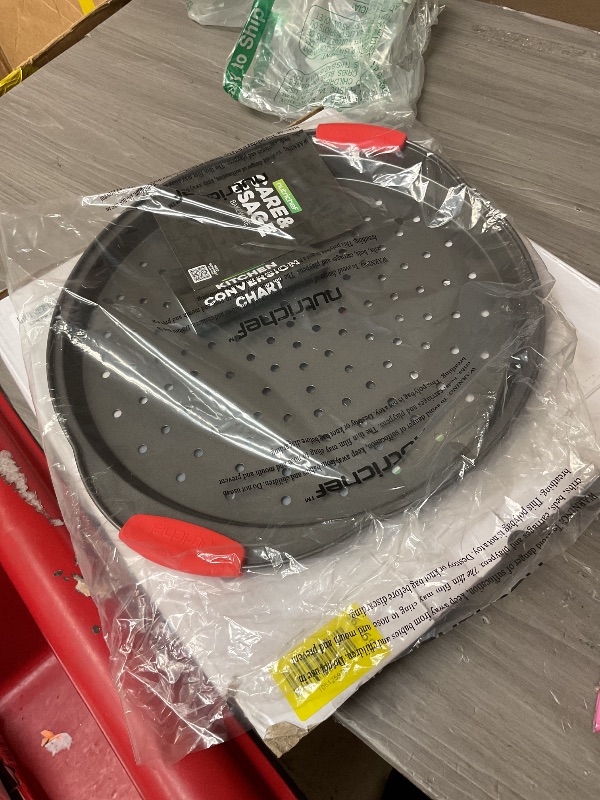 Photo 1 of NutriChef 2-Piece 13-Inch Nonstick Pizza Tray, Round Carbon Steel Non-Stick Pizza Baking Pan with Perforated Holes, Premium Bakeware Pizza Screen with Silicone Grip Handles, Dishwasher Safe, NCBPIZX2