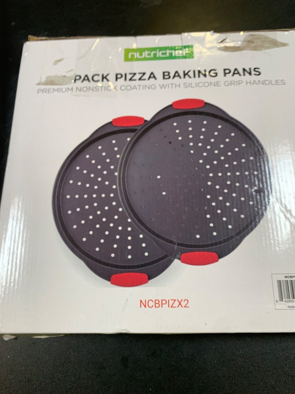 Photo 1 of NutriChef 2-Piece 13-Inch Nonstick Pizza Tray, Round Carbon Steel Non-Stick Pizza Baking Pan with Perforated Holes, Premium Bakeware Pizza Screen with Silicone Grip Handles, Dishwasher Safe, NCBPIZX2