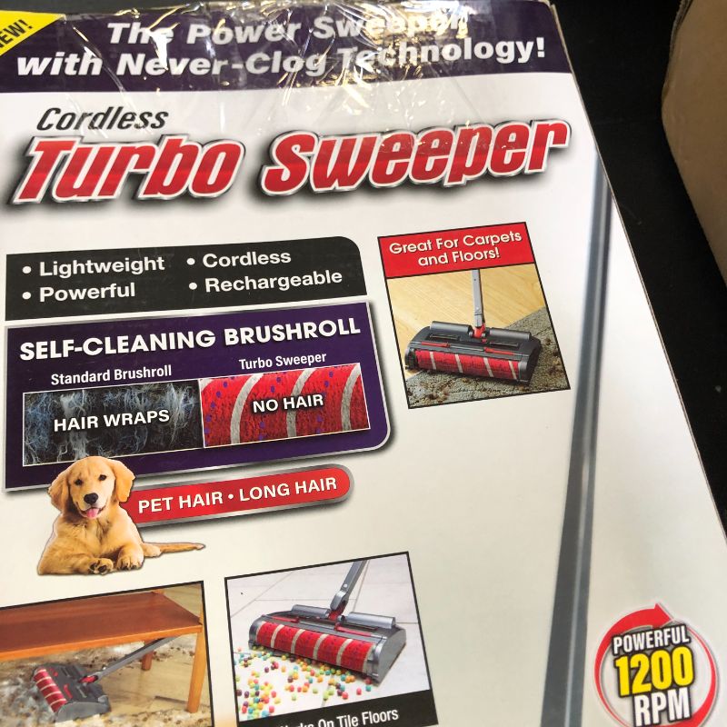 Photo 1 of Ontel Turbo Sweeper Electric Broom, 1200RPM Motor, Non-Clogging Rotating Sweeper, 360-Degree Swivel, 60-Minute Cordless Operation, Cleaning for Hardwood or Tile Floors & Carpet
