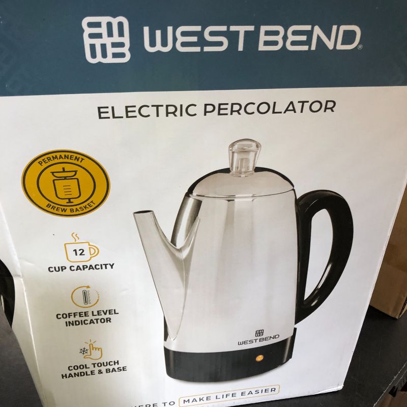 Photo 1 of West Bend Electric Percolator Classic Style Coffee Maker with Heat Resistant Handle Base and Detachable Cord with Stainless Steel Stem and Basket, 12-Cup, Silver