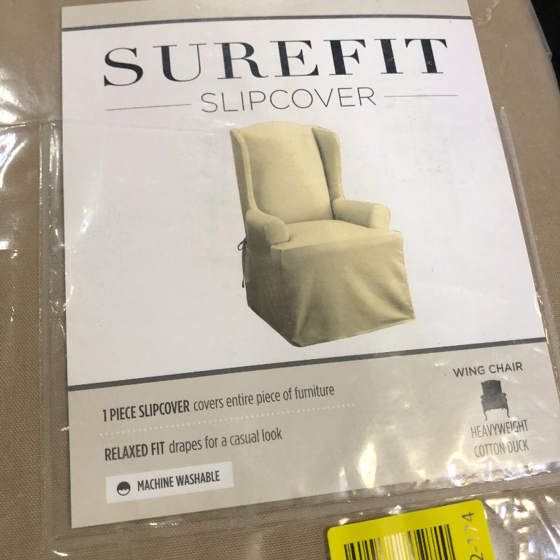 Photo 1 of SureFit Heavyweight Cotton Duck Wing Chair Slipcovers, Heavyweight Cotton Wing Chair Cover, One Piece Design, Armchair Cover with Seat Elastic and Adjustable Corner Ties, Khaki