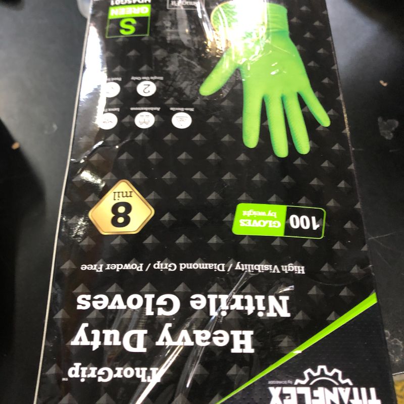 Photo 1 of TitanFlex Heavy Duty Green Industrial Nitrile Gloves, 8-mil, Small, Box of 100, Latex Free, Raised Diamond Texture Grip, Powder Free, Food Safe, Rubber Gloves, Mechanic Gloves