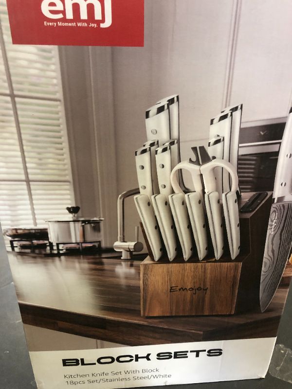 Photo 1 of Knife Set, Emojoy 18-Pieces Kitchen Knife Set With Wooden Block, German Stainless Steel Knife Block Set With Built-In Sharpener, Professional Sharp Knives Set for Kitchen,White