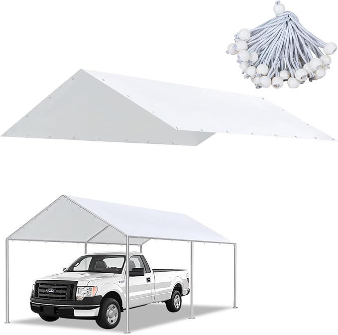 Photo 1 of 10 x 20 Ft Carport Replacement Canopy Cover Garage Top Tent Shelter with 40 Ball Bungee Cords Heavy Duty Waterproof UV & Tear Resistant, Easy Assembly, White (Only Cover, Frame Not Include)
