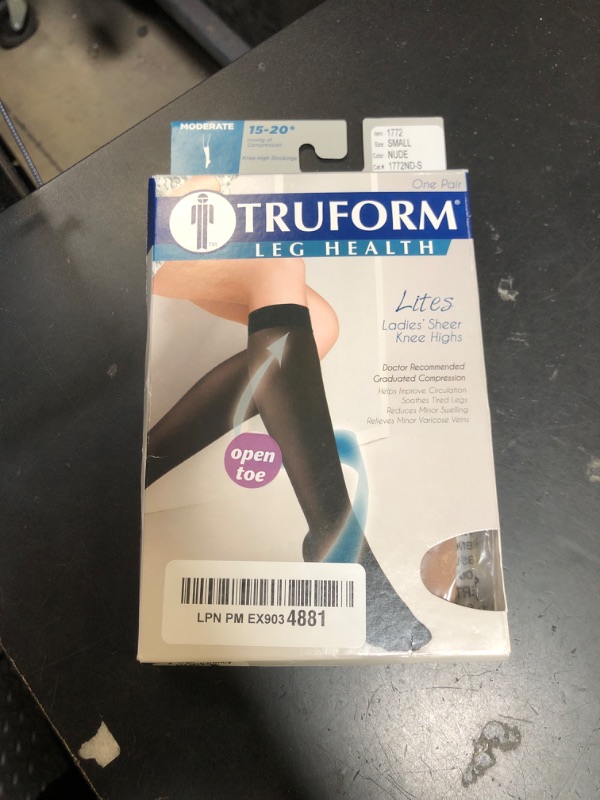 Photo 1 of Truform Sheer Compression Stockings, 15-20 mmHg, Women's Knee High Length, Open Toe, 20 Denier, Nude, Small