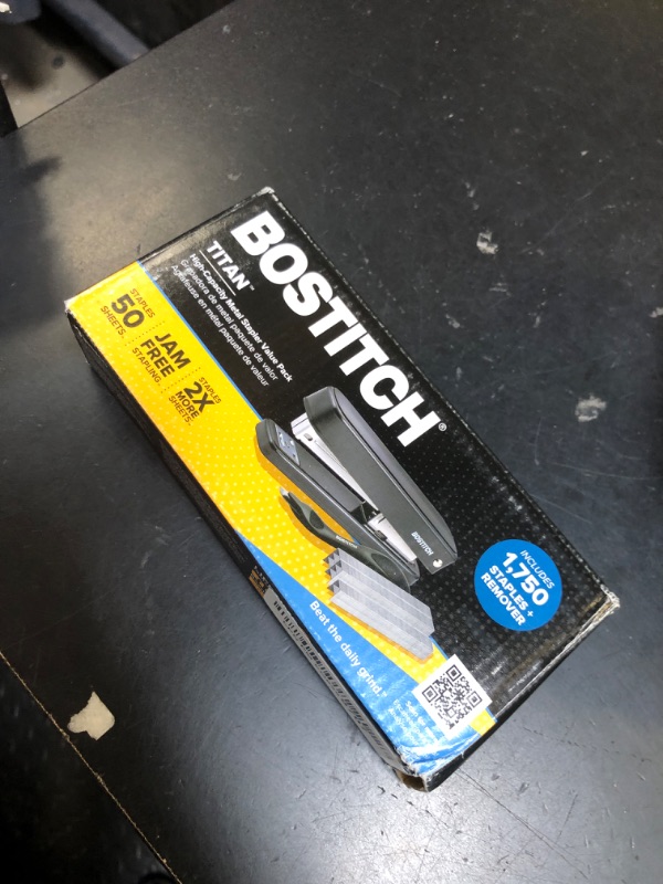 Photo 1 of Bostitch Titan Heavy Duty Metal Stapler, 50 Sheet Capacity with 1250 Staples and Ergonomic Staple Remover, Jam Free Stapling, Full Strip Stapler for Desk, Office and Classroom, Black