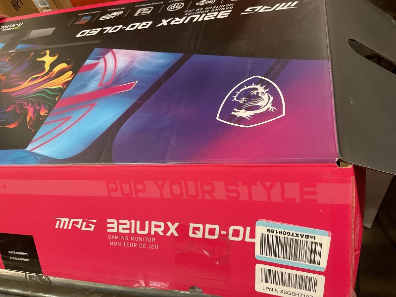 Photo 1 of ***HAS DAMAGES/ LINE ON DISPLAY WHEN POWERED ON**** MSI MPG 321URX QD-OLED, 32" 4K UHD Quantum Dot OLED Gaming Monitor, 3840 x 2160, 0.03ms, 240Hz, True Black HDR 400, 90W USB Type C, HDMI, DP Port